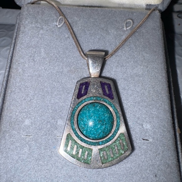 VTG RARE Sterling Silver 925 CCO Native American Turquoise Inlay Pendant 1.75 - Picture 3 of 13
